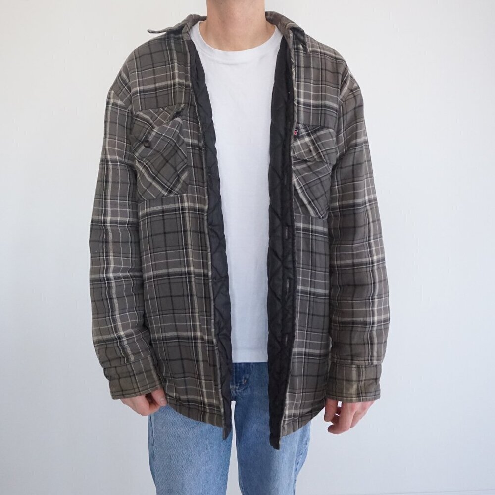 Vintage '90S Dickies Gray Black Plaid Quilt Lined Outdoor Button Up Shacket L